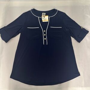 NWT Anne Klein Navy Blouse with White Piping
